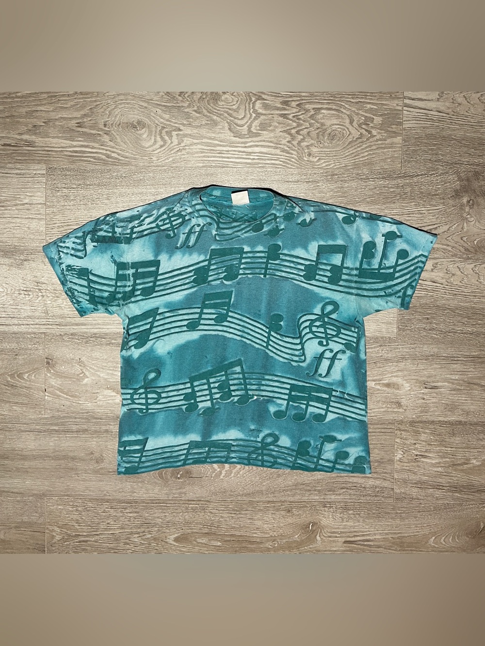 Vintage Musical Note Tie Dye All Over Print Teal Graphic T-Shirt